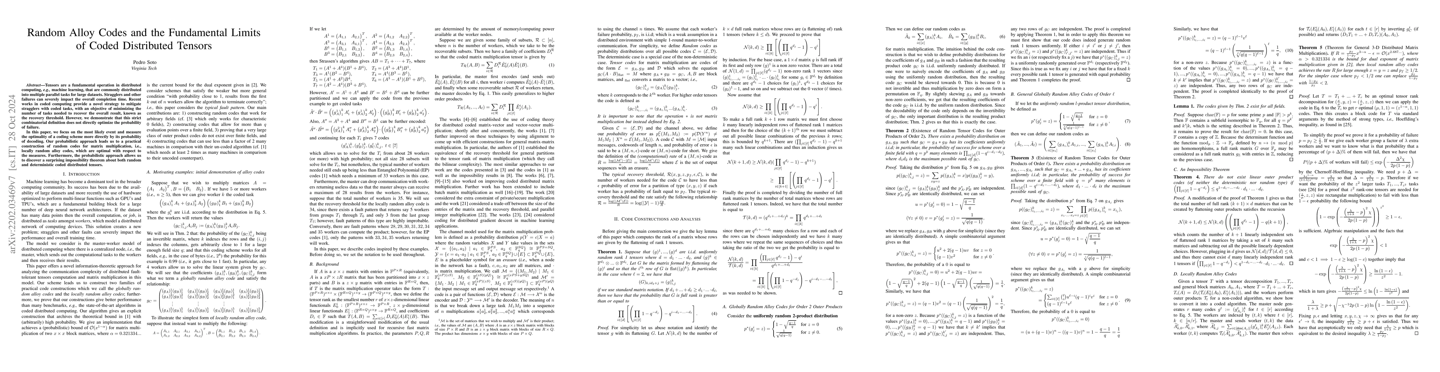 Thumbnail for Random Alloy Codes and the Fundamental Limits of Coded Distributed
  Tensors