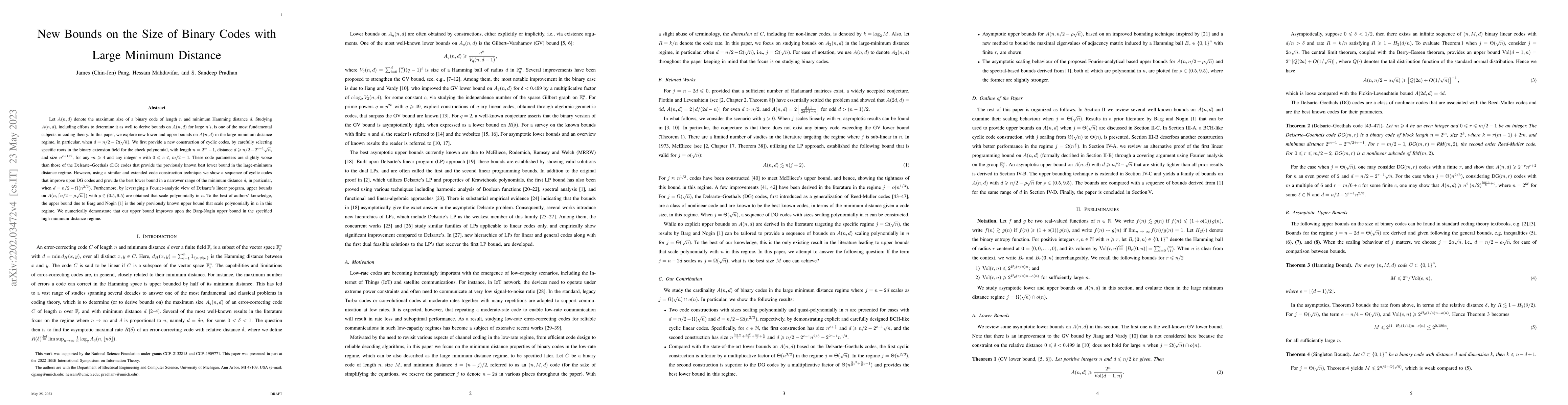 Thumbnail for New Bounds on the Size of Binary Codes with Large Minimum Distance