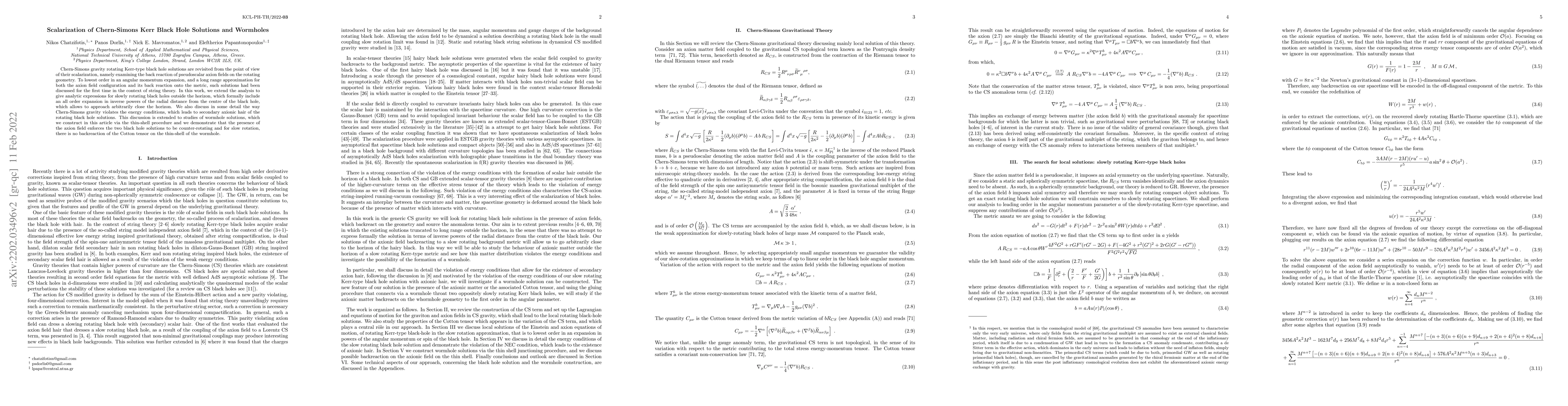Thumbnail for Scalarization of Chern-Simons Kerr Black Hole Solutions and Wormholes
