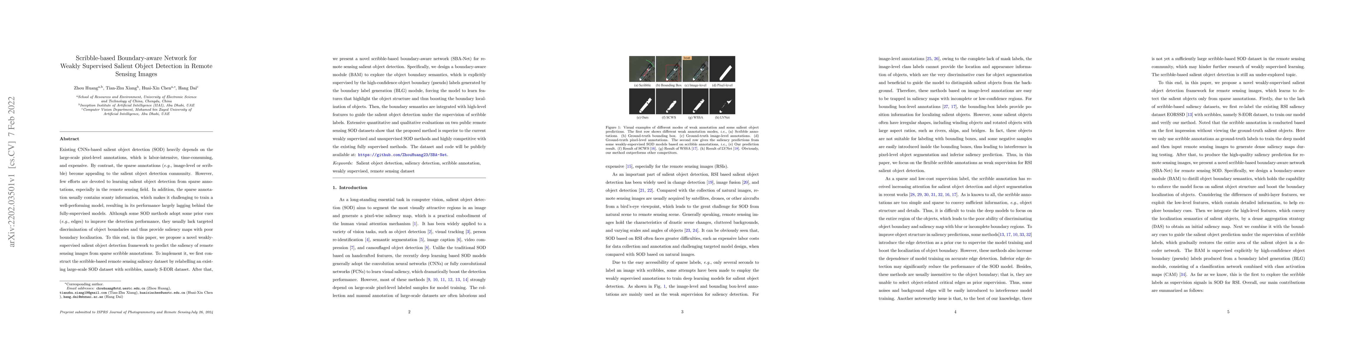 Thumbnail for Scribble-based Boundary-aware Network for Weakly Supervised Salient
  Object Detection in Remote Sensing Images