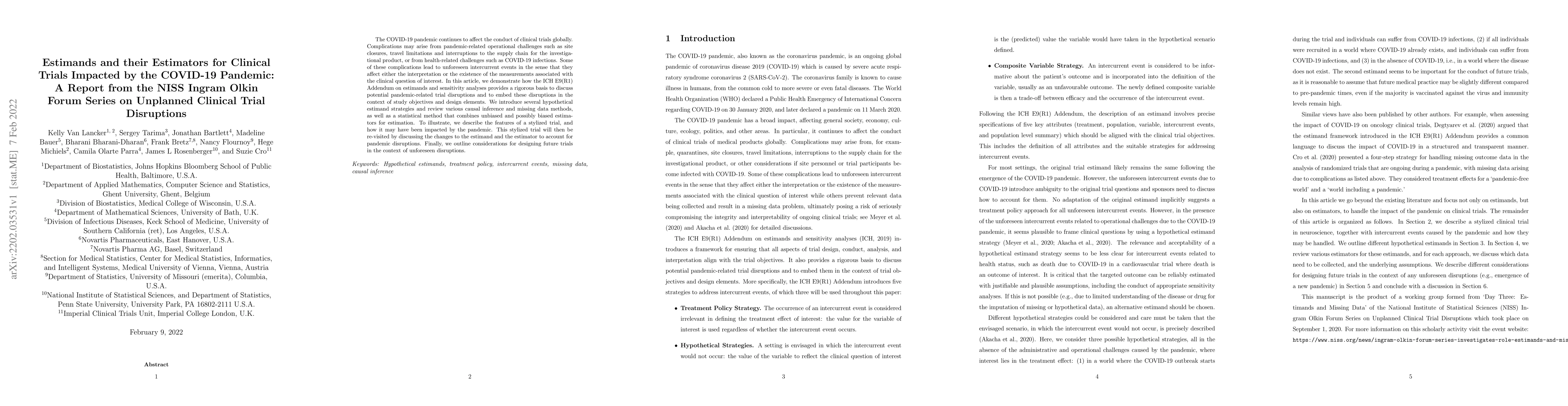 Thumbnail for Estimands and their Estimators for Clinical Trials Impacted by the
  COVID-19 Pandemic: A Report from the NISS Ingram Olkin Forum Series on
  Unplanned Clinical Trial Disruptions