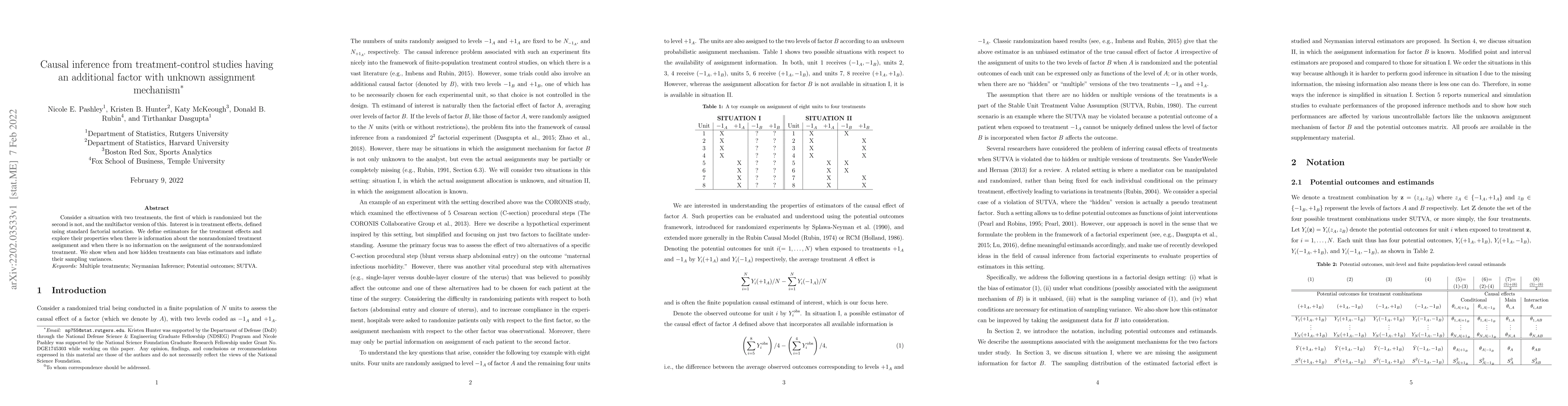 Thumbnail for Causal inference from treatment-control studies having an additional
  factor with unknown assignment mechanism