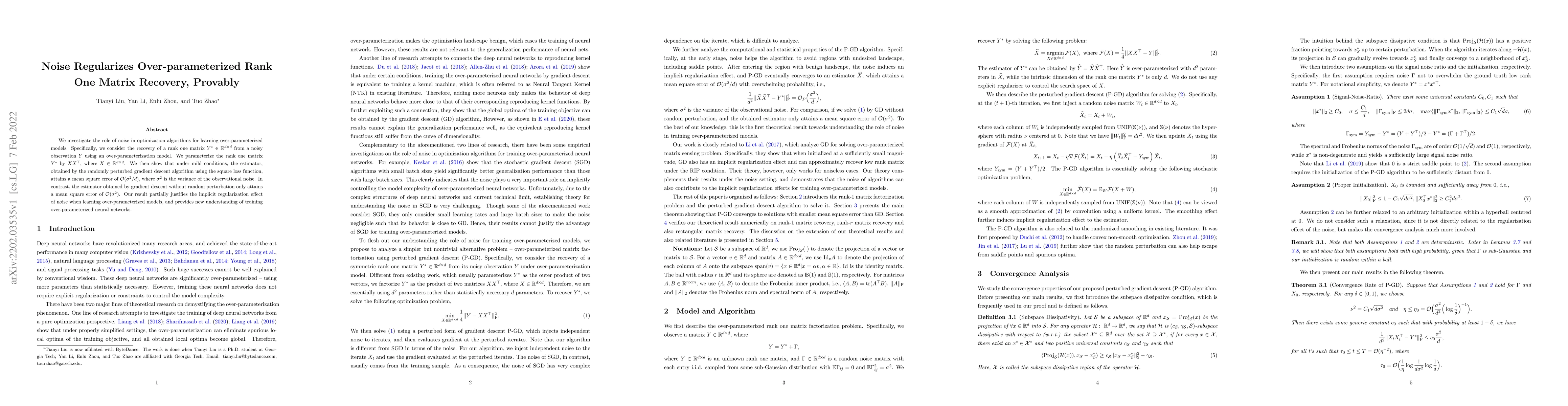 Thumbnail for Noise Regularizes Over-parameterized Rank One Matrix Recovery, Provably