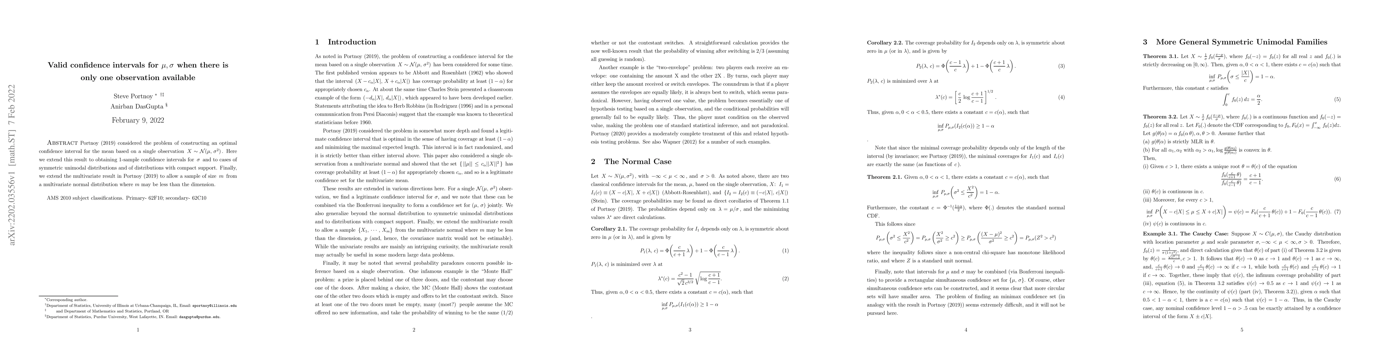 Thumbnail for Valid confidence intervals for $\mu , \sigma $ when there is only one
  observation available