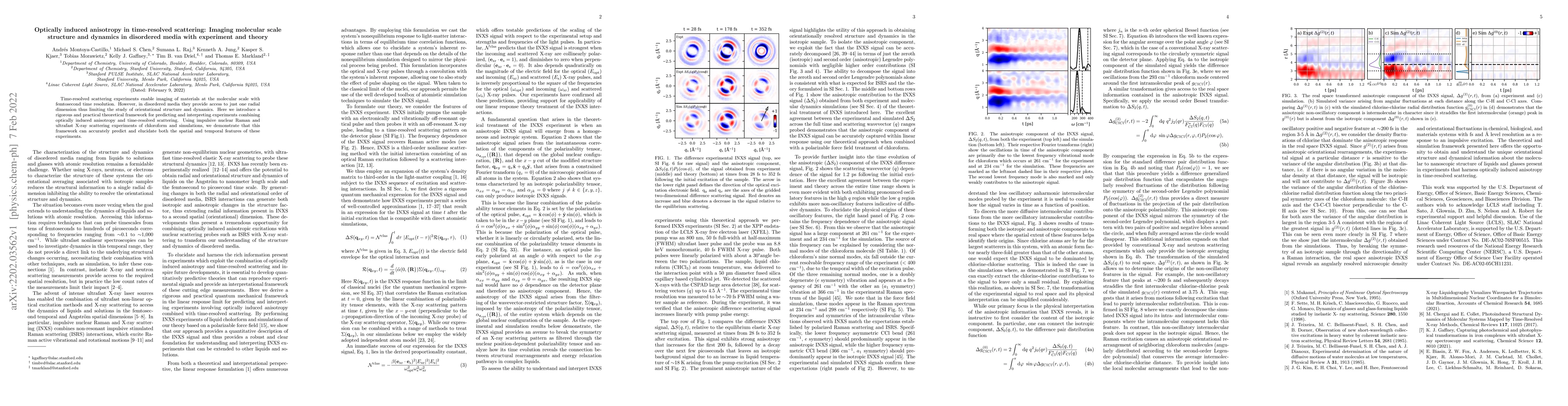 Thumbnail for Optically induced anisotropy in time-resolved scattering: Imaging
  molecular scale structure and dynamics in disordered media with experiment
  and theory