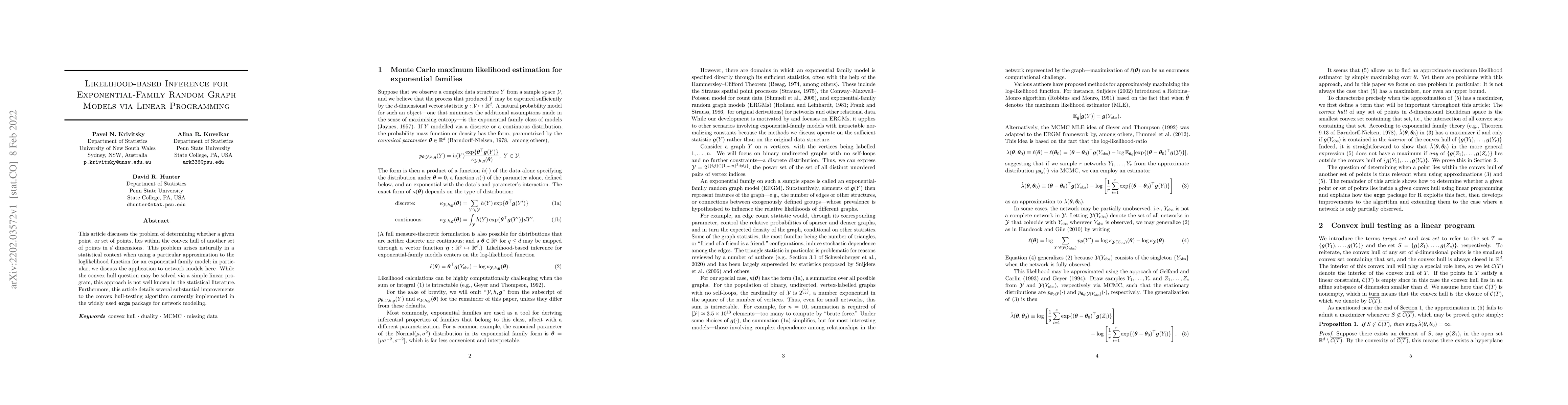 Thumbnail for Likelihood-based Inference for Exponential-Family Random Graph Models
  via Linear Programming
