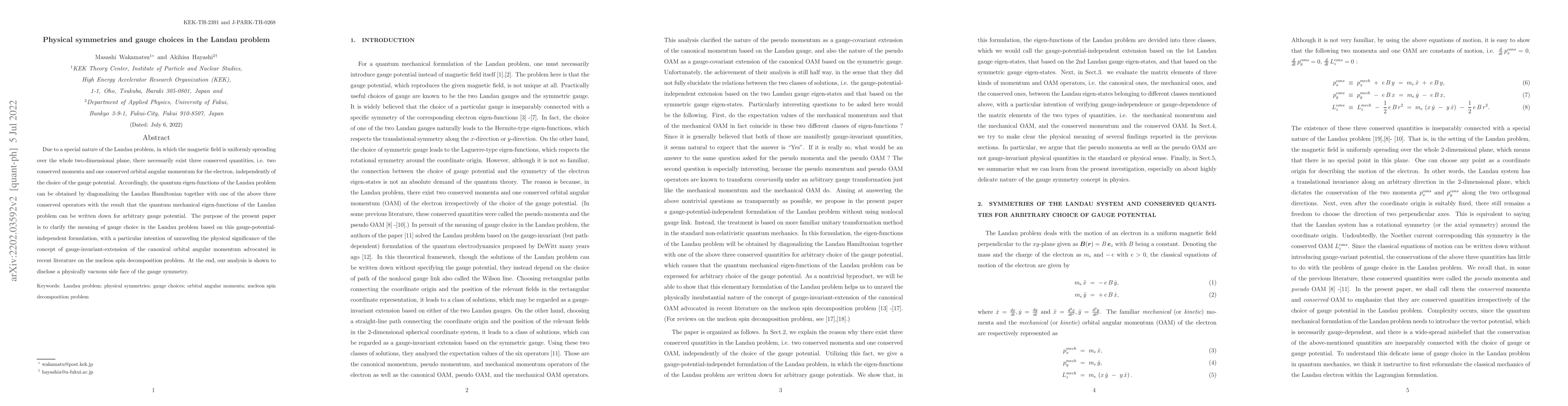 Thumbnail for Physical symmetries and gauge choices in the Landau problem