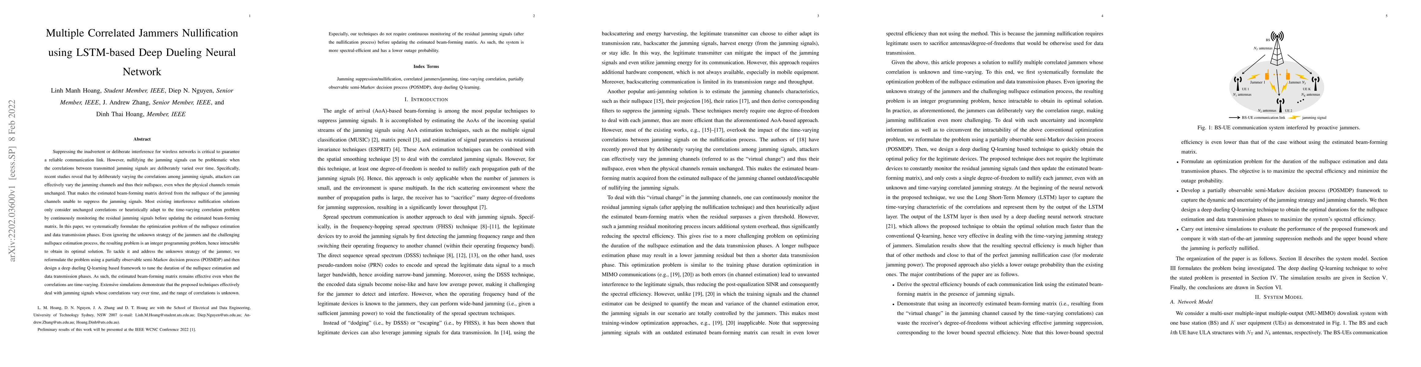 Thumbnail for Multiple Correlated Jammers Nullification using LSTM-based Deep Dueling
  Neural Network