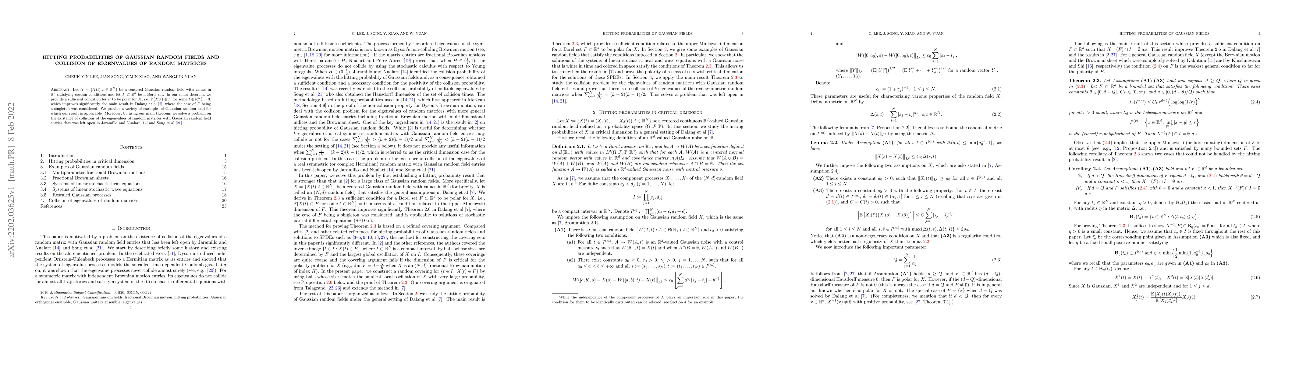 Thumbnail for Hitting probabilities of Gaussian random fields and collision of
  eigenvalues of random matrices