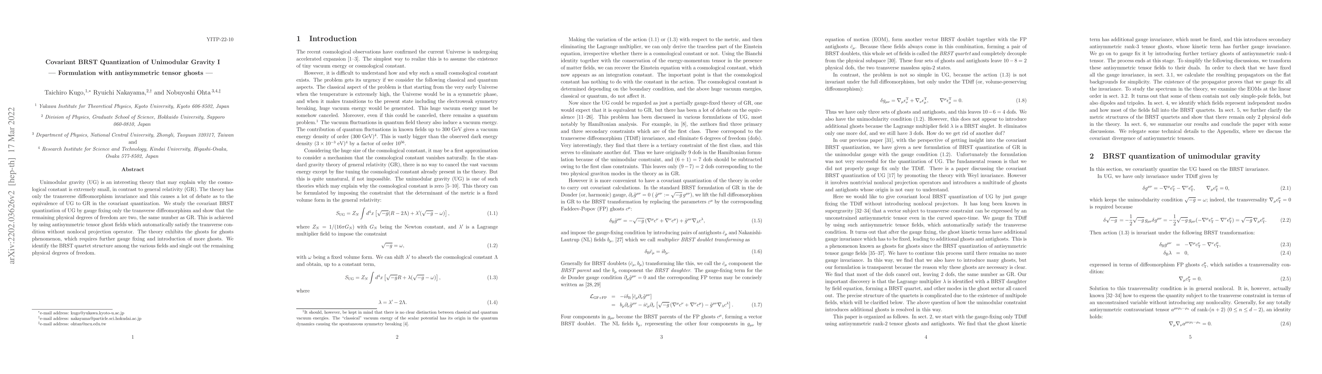 Thumbnail for Covariant BRST Quantization of Unimodular Gravity I -- Formulation with
  antisymmetric tensor ghosts --