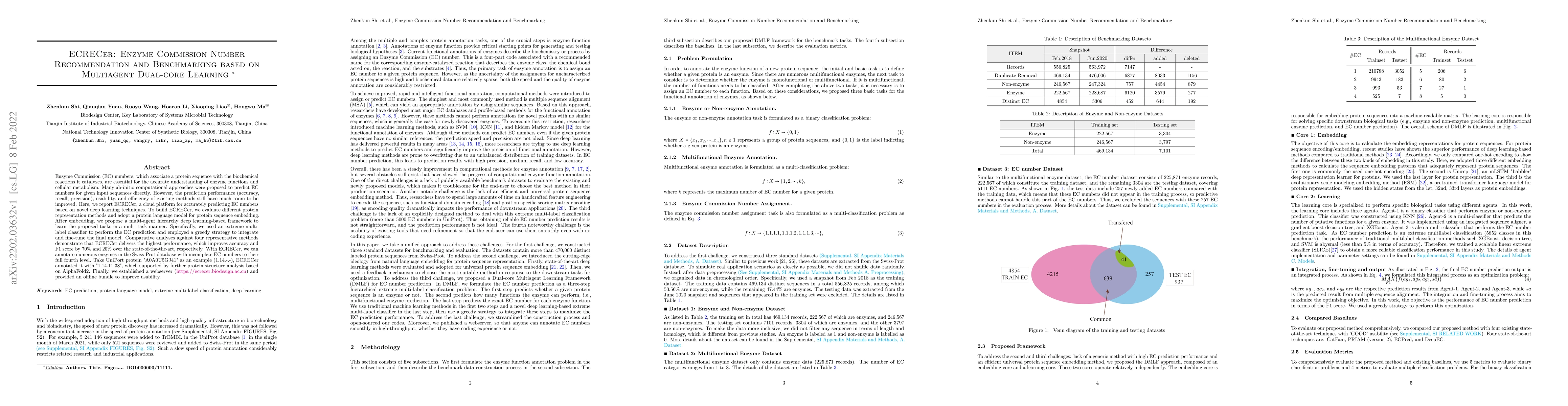 Thumbnail for ECRECer: Enzyme Commission Number Recommendation and Benchmarking based
  on Multiagent Dual-core Learning