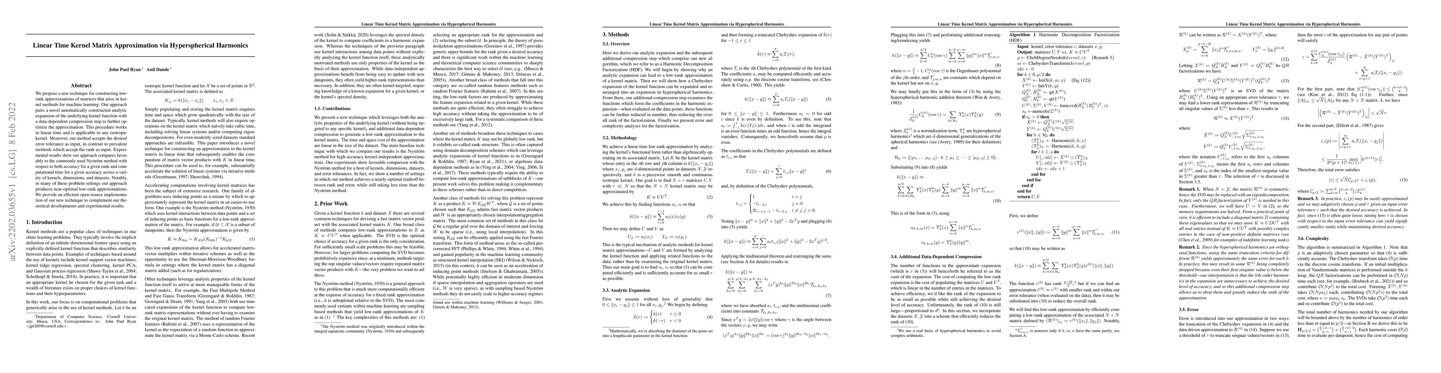Thumbnail for Linear Time Kernel Matrix Approximation via Hyperspherical Harmonics