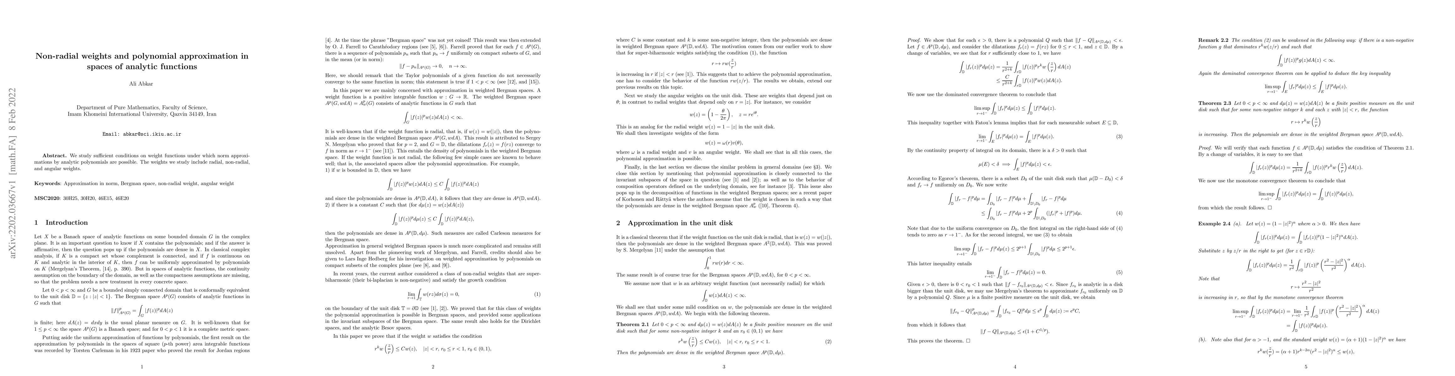 Thumbnail for Non-radial weights and polynomial approximation in spaces of analytic
  functions