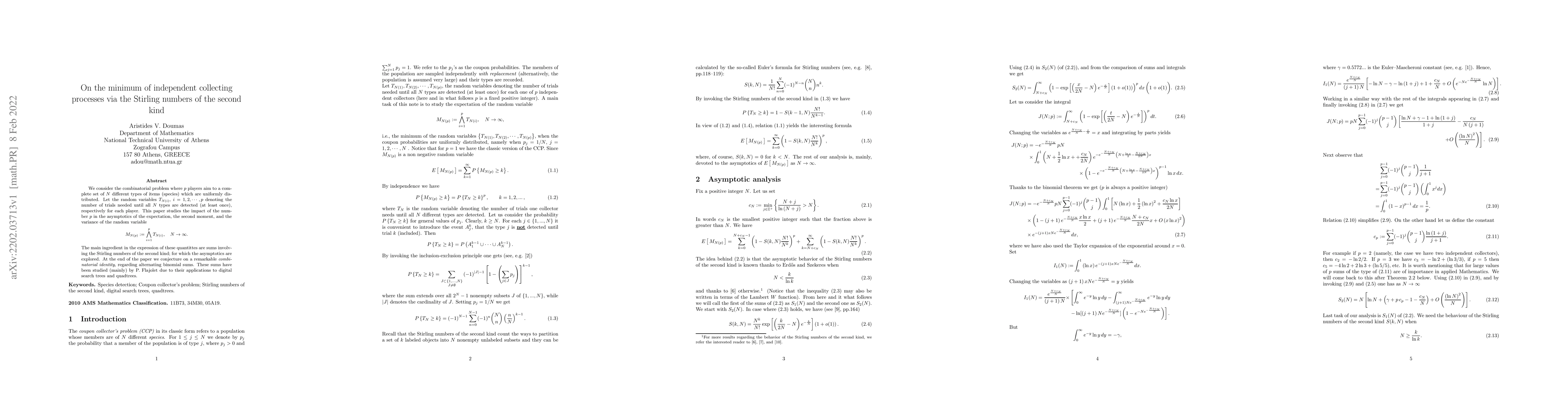 Thumbnail for On the minimum of independent collecting processes via the Stirling
  numbers of the second kind