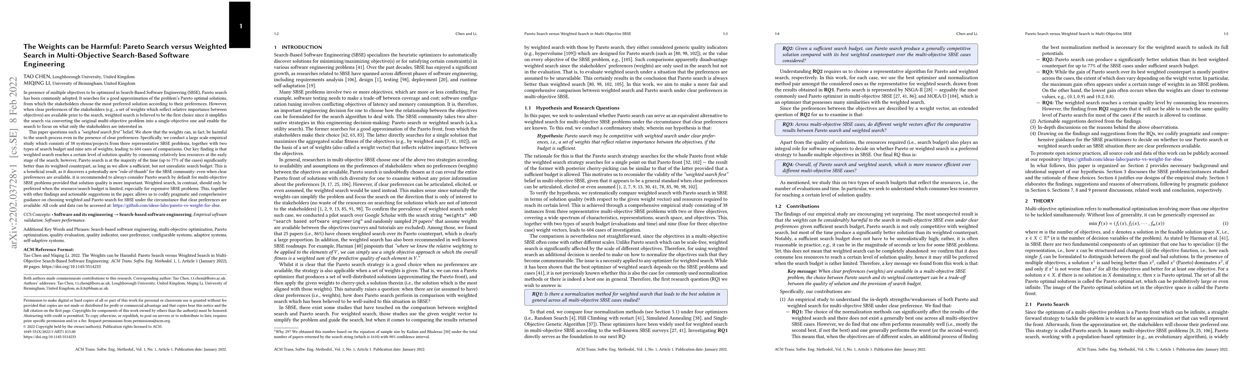 Thumbnail for The Weights can be Harmful: Pareto Search versus Weighted Search in
  Multi-Objective Search-Based Software Engineering
