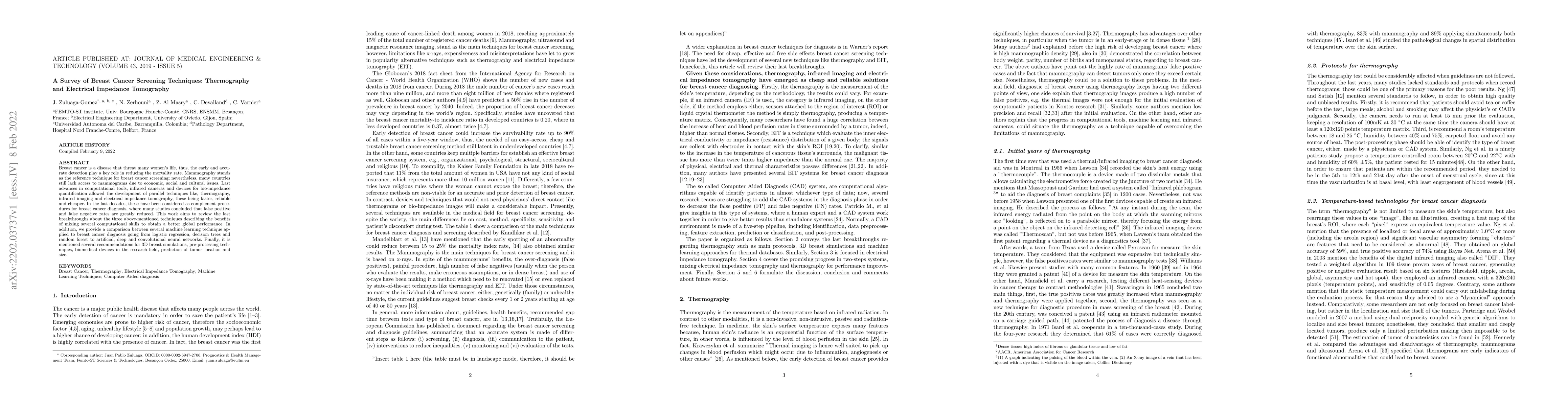 Thumbnail for A Survey of Breast Cancer Screening Techniques: Thermography and
  Electrical Impedance Tomography