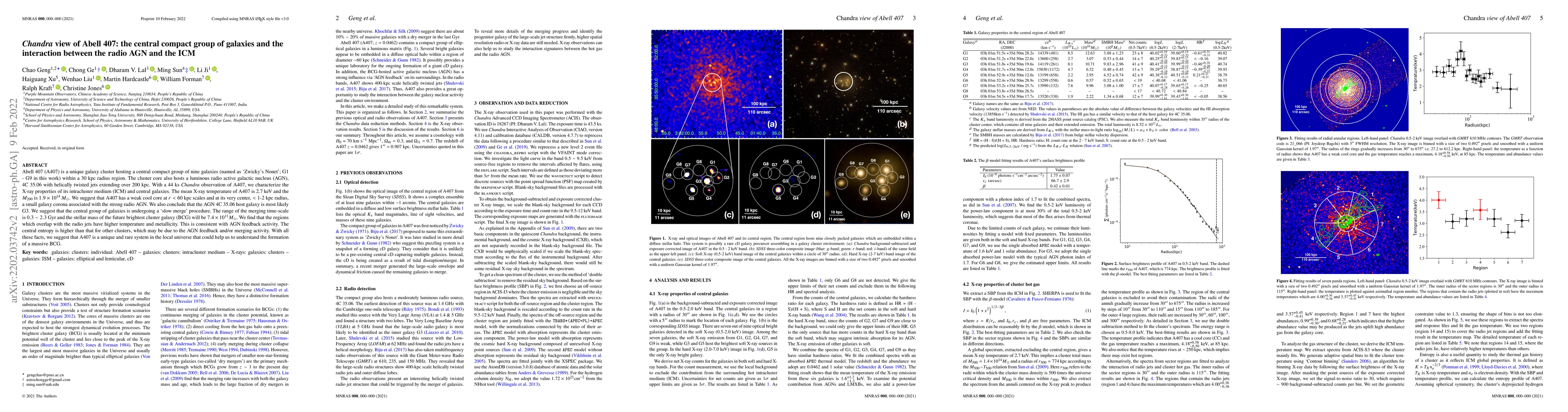 Thumbnail for Chandra view of Abell 407: the central compact group of galaxies and the
  interaction between the radio AGN and the ICM