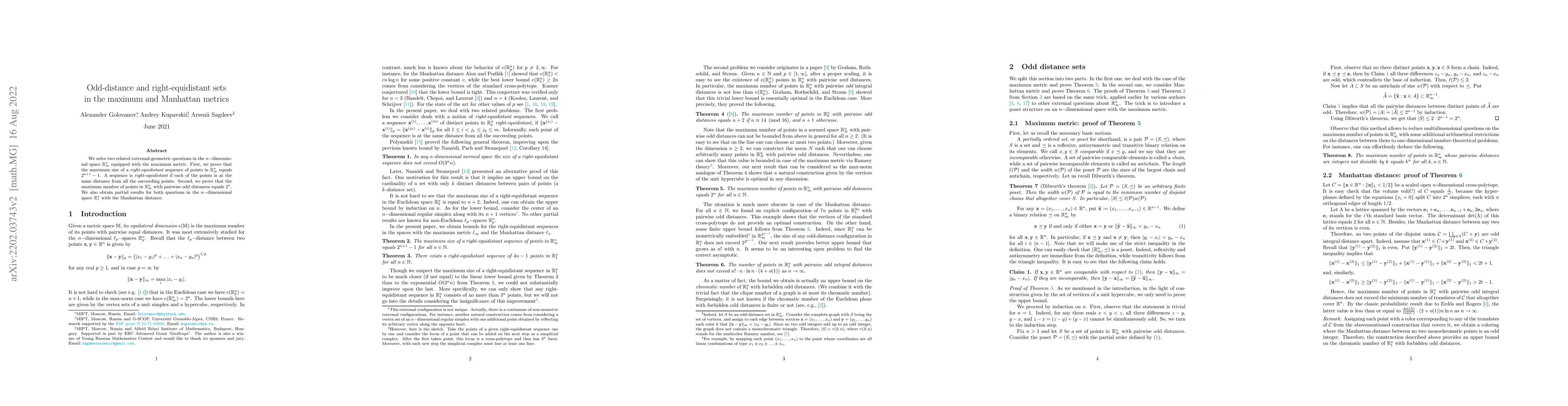 Thumbnail for Odd-distance and right-equidistant sets in the maximum and Manhattan
  metrics