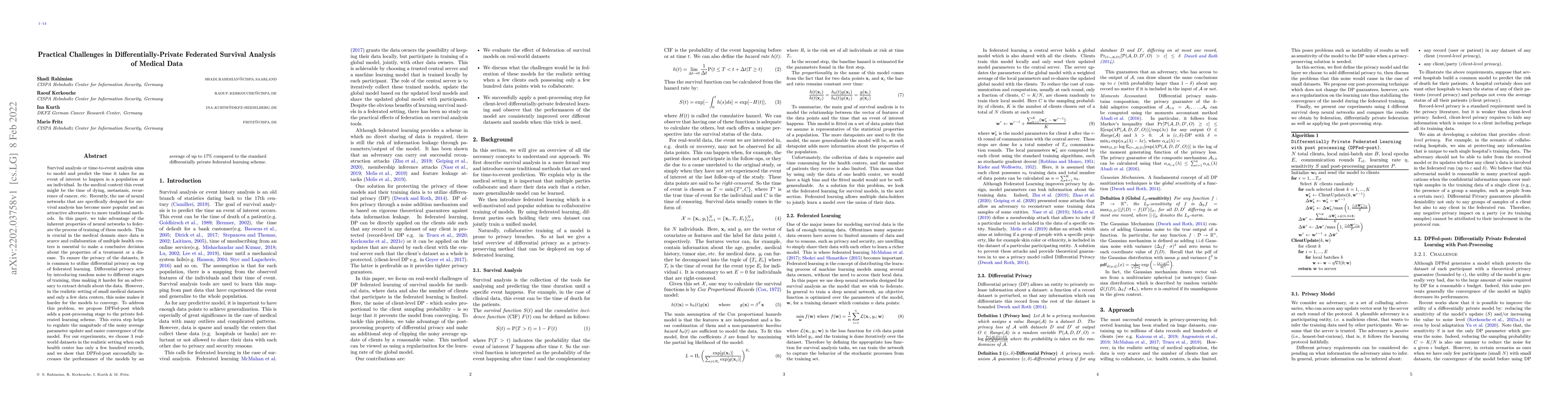 Thumbnail for Practical Challenges in Differentially-Private Federated Survival
  Analysis of Medical Data