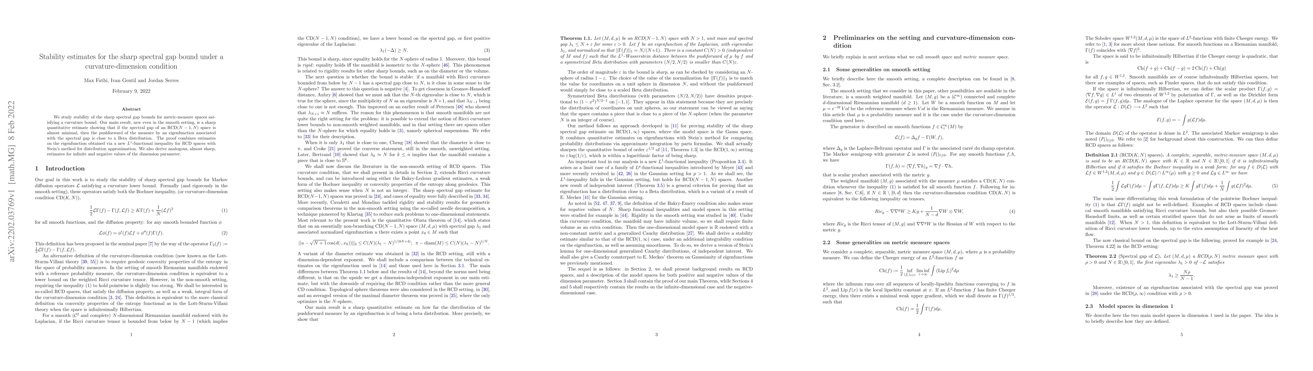 Thumbnail for Stability estimates for the sharp spectral gap bound under a
  curvature-dimension condition