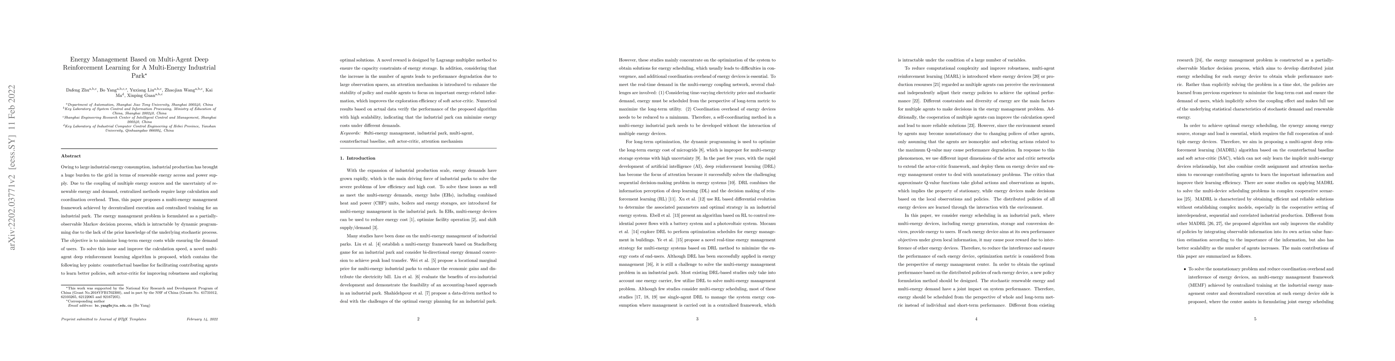 Thumbnail for Energy Management Based on Multi-Agent Deep Reinforcement Learning for A
  Multi-Energy Industrial Park