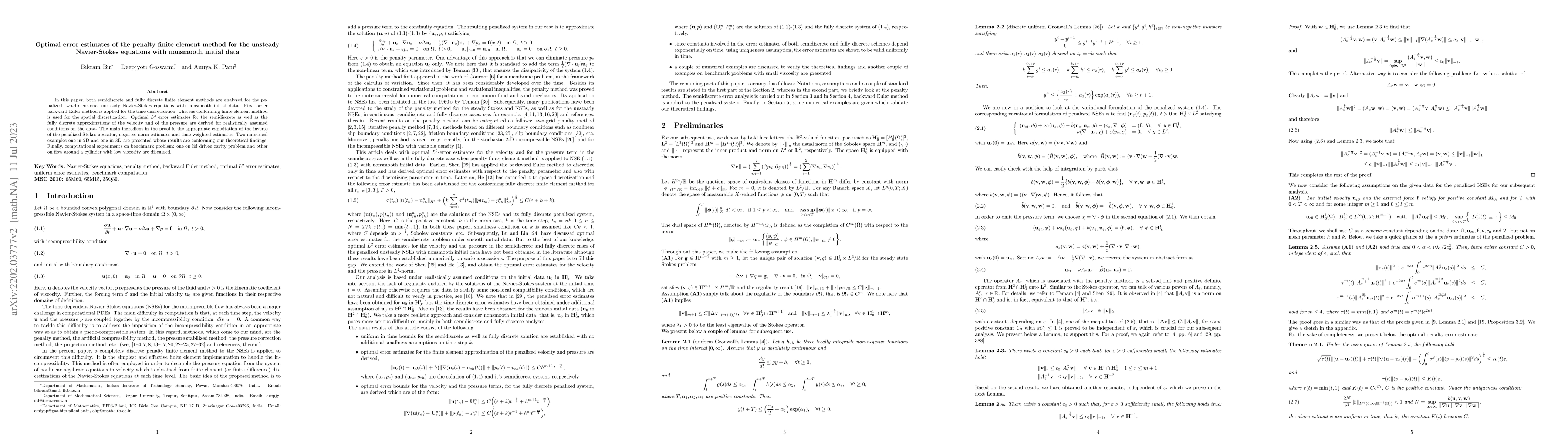 Thumbnail for Optimal error estimates of the penalty finite element method for the
  unsteady Navier-Stokes equations with nonsmooth initial data