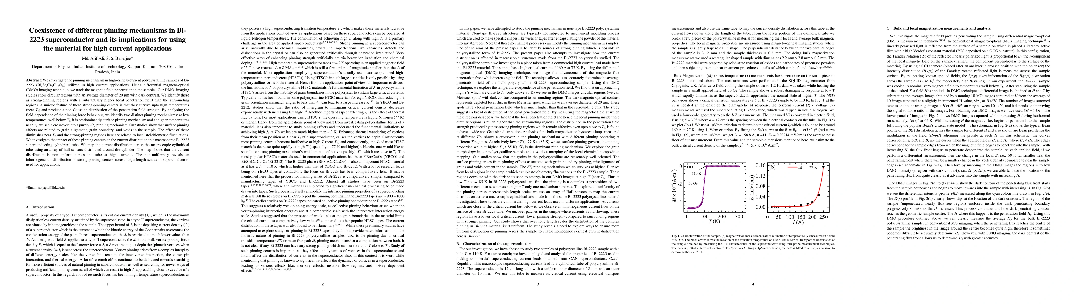 Thumbnail for Coexistence of different pinning mechanisms in Bi-2223 superconductor
  and its implications for using the material for high current applications