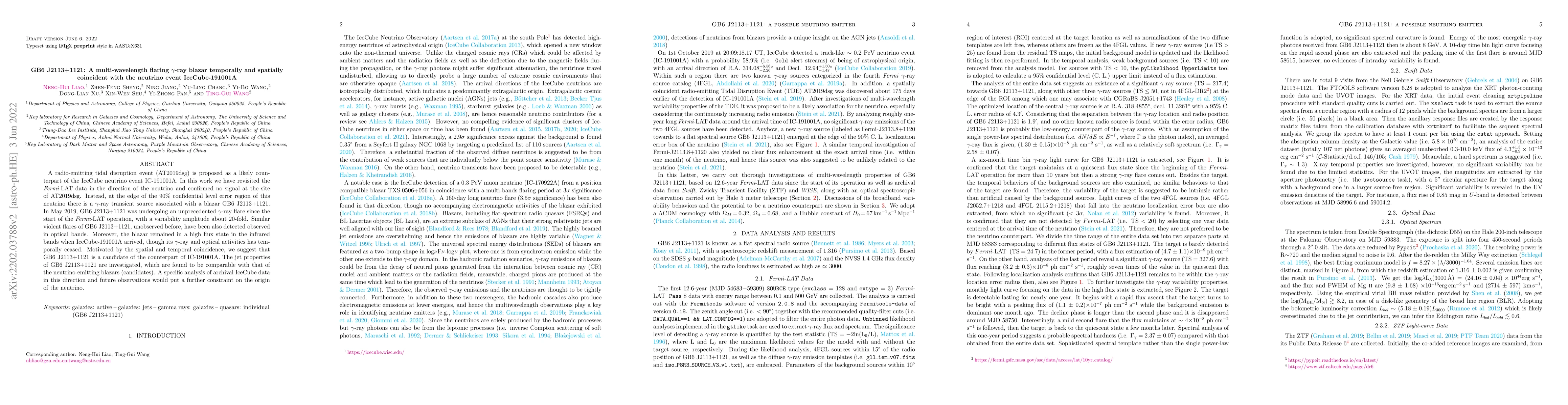 Thumbnail for GB6 J2113+1121: A multi-wavelength flaring gamma-ray blazar temporally
  and spatially coincident with the neutrino event IceCube-191001A