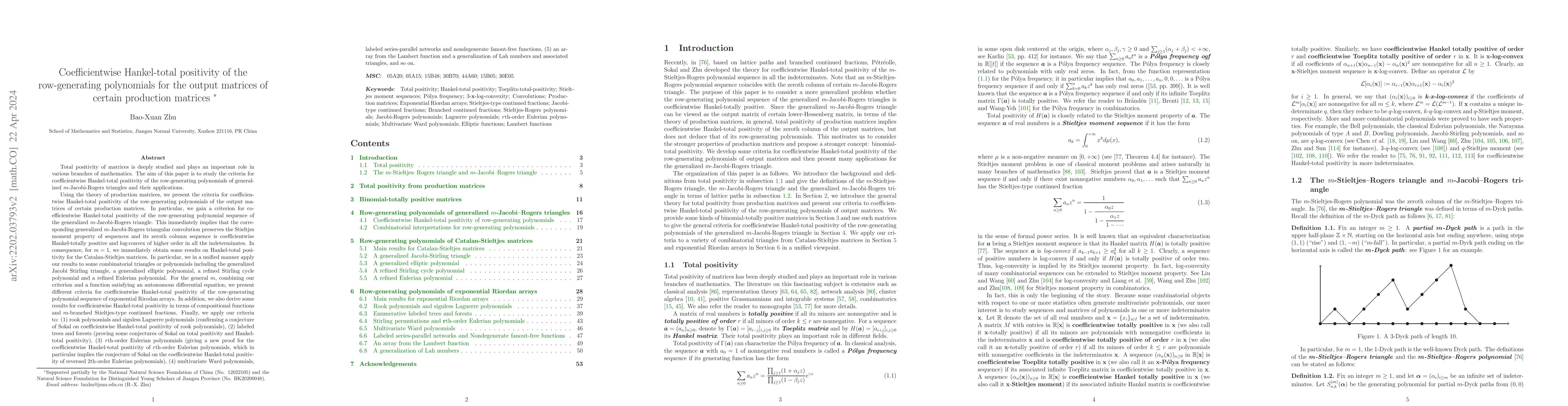 Thumbnail for Coefficientwise Hankel-total positivity of the row-generating
  polynomials for the output matrices of certain production matrices