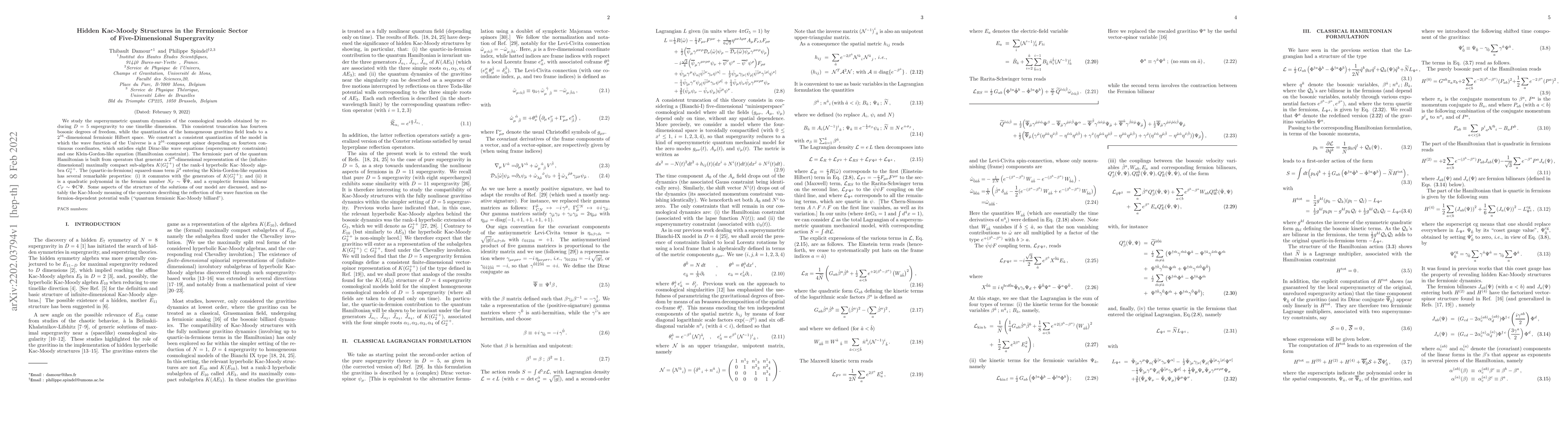 Thumbnail for Hidden Kac-Moody Structures in the Fermionic Sector of Five-Dimensional
  Supergravity