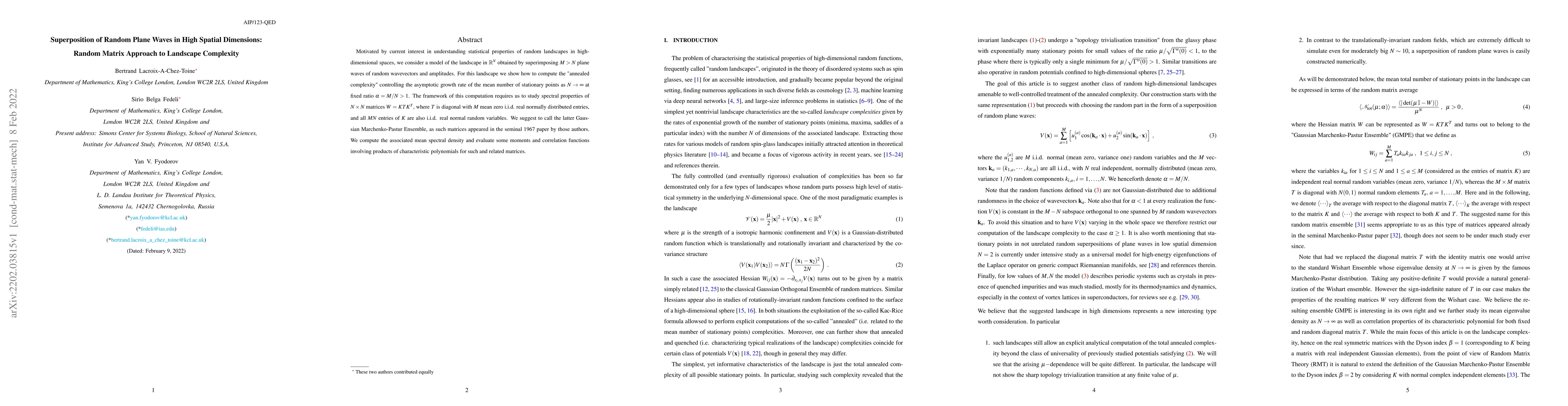 Thumbnail for Superposition of Random Plane Waves in High Spatial Dimensions: Random
  Matrix Approach to Landscape Complexity