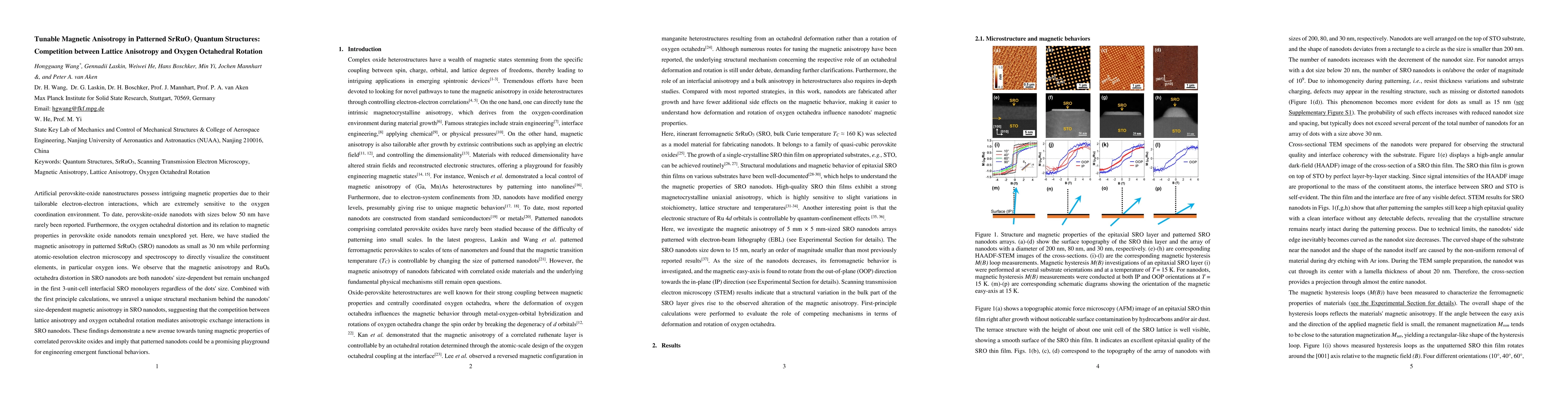 Thumbnail for Tunable Magnetic Anisotropy in Patterned SrRuO3 Quantum Structures:
  Competition between Lattice Anisotropy and Oxygen Octahedral Rotation