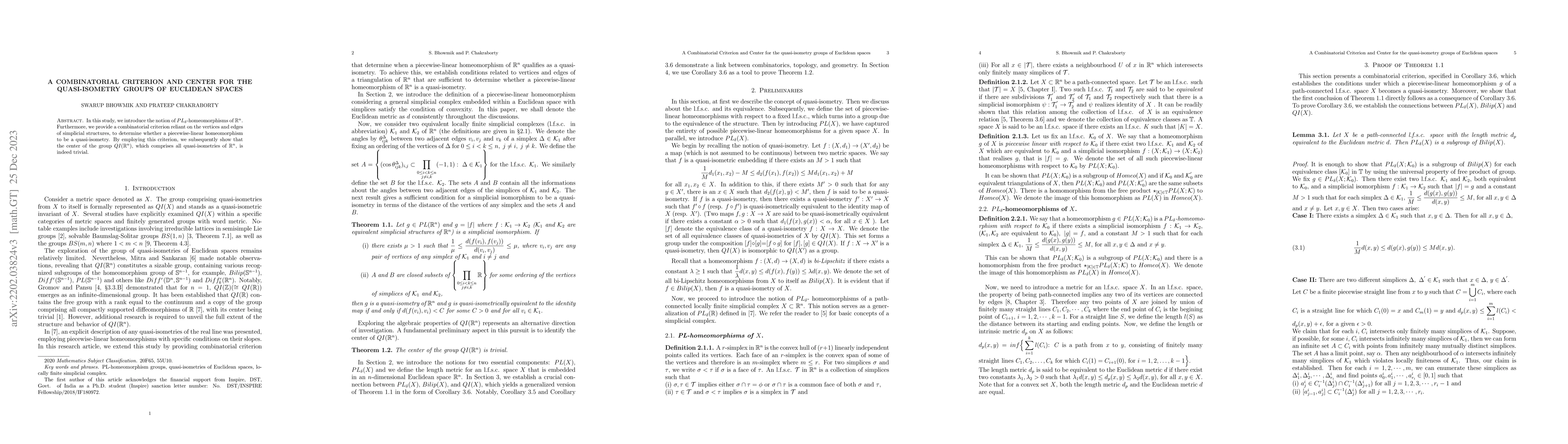 Thumbnail for A Combinatorial Criterion and Center for the quasi-isometry groups of
  Euclidean spaces