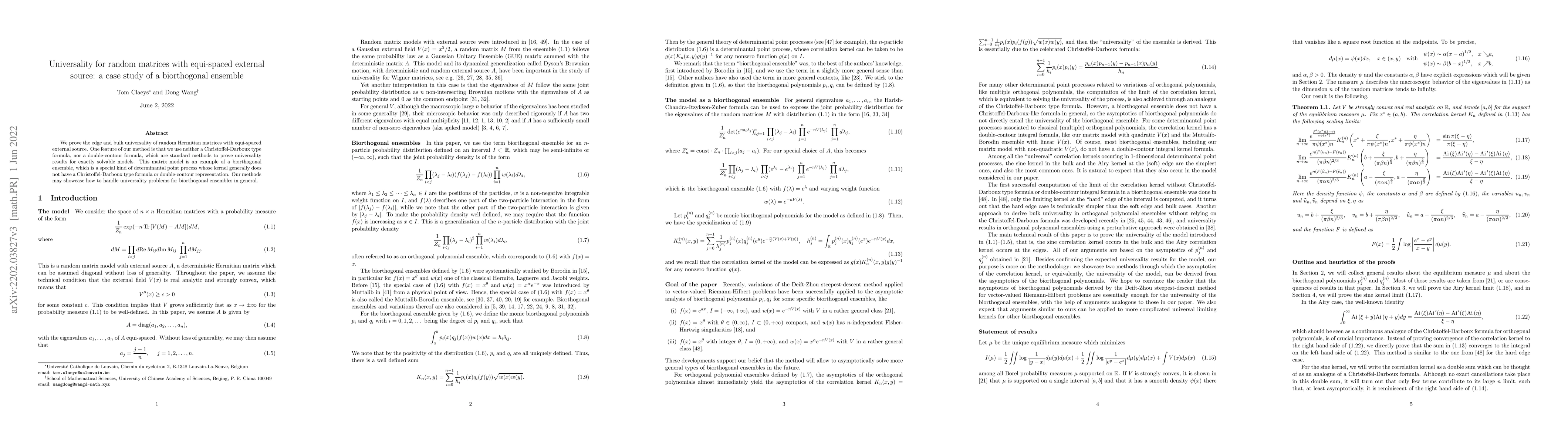 Thumbnail for Universality for random matrices with equi-spaced external source: a
  case study of a biorthogonal ensemble