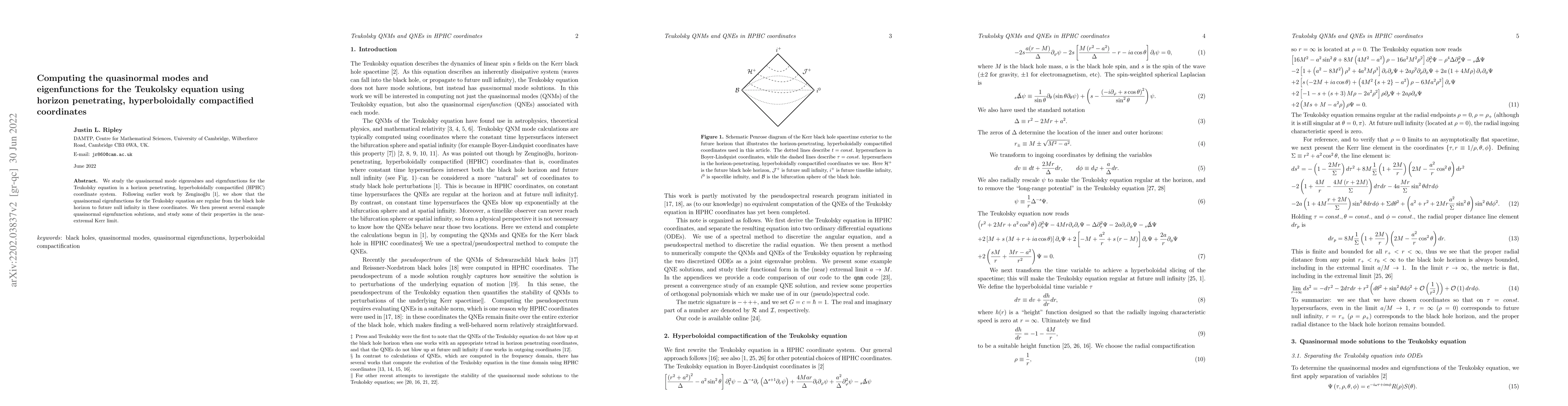 Thumbnail for Computing the quasinormal modes and eigenfunctions for the Teukolsky
  equation using horizon penetrating, hyperboloidally compactified coordinates