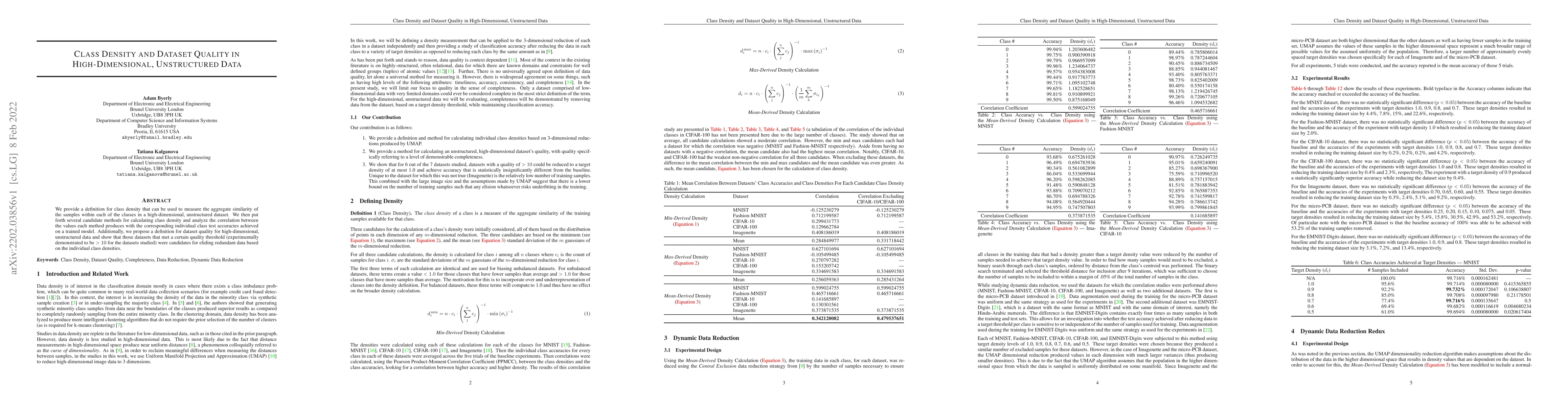 Thumbnail for Class Density and Dataset Quality in High-Dimensional, Unstructured Data