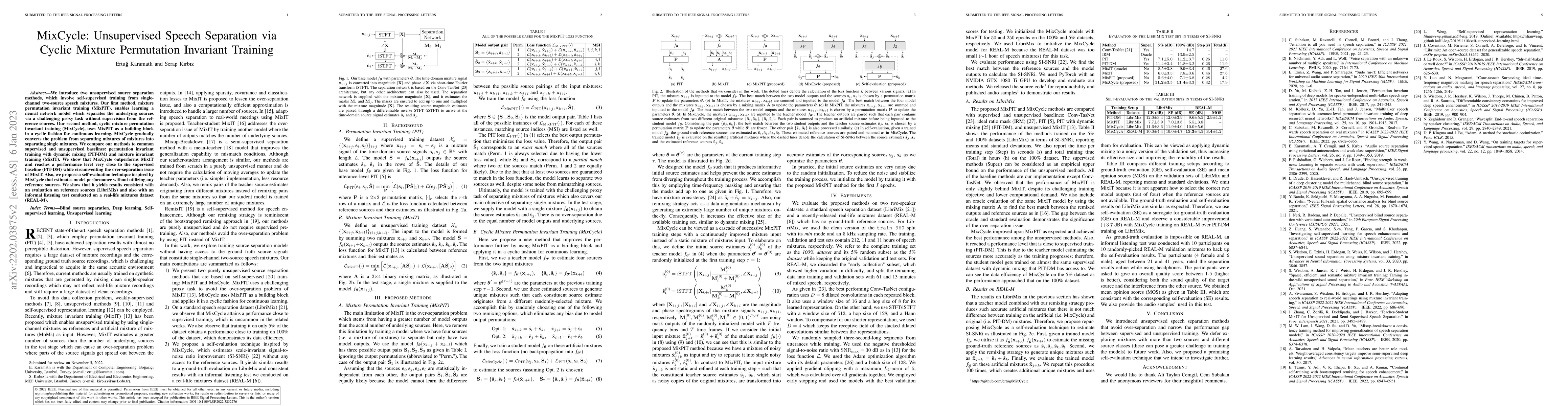 Thumbnail for MixCycle: Unsupervised Speech Separation via Cyclic Mixture Permutation
  Invariant Training