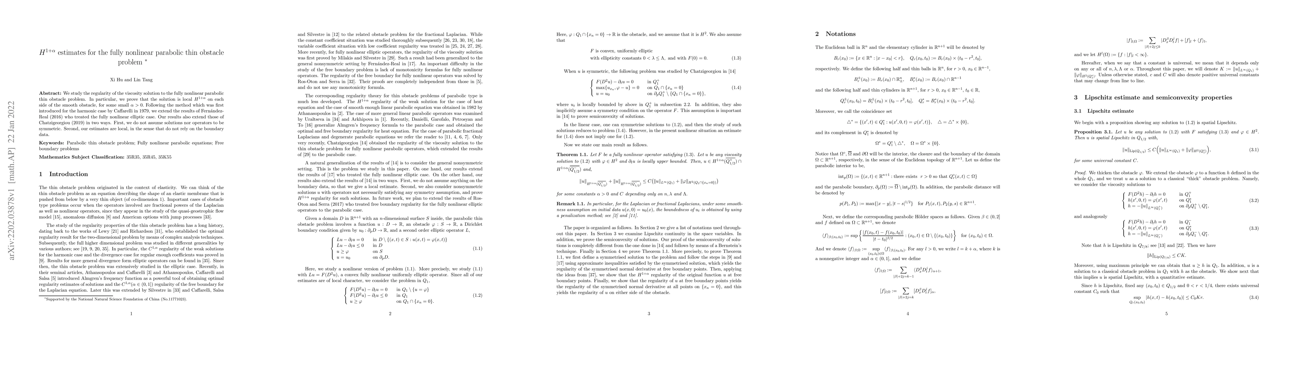 Thumbnail for $H^{1+\alpha}$ estimates for the fully nonlinear parabolic thin obstacle
  problem