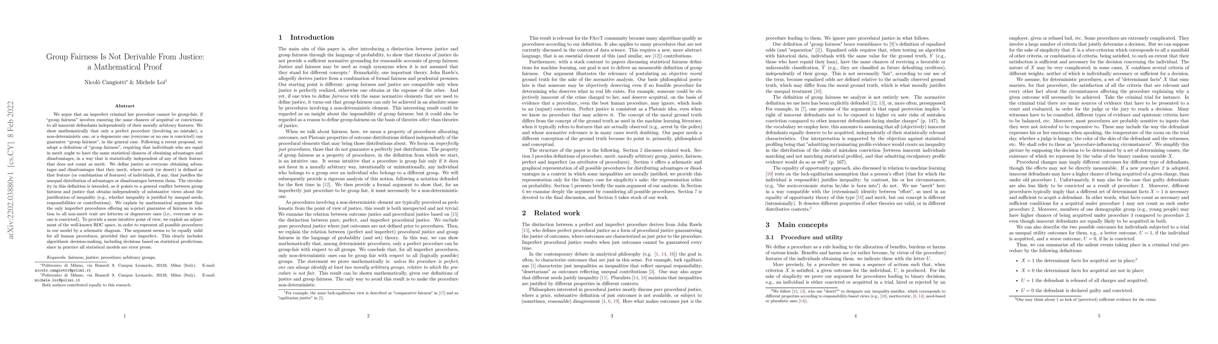 Thumbnail for Group Fairness Is Not Derivable From Justice: a Mathematical Proof