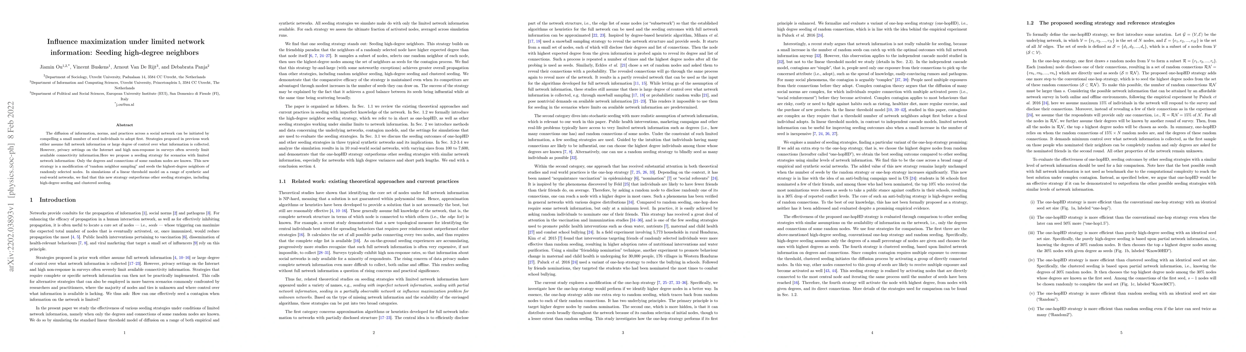 Thumbnail for Influence maximization under limited network information: Seeding
  high-degree neighbors
