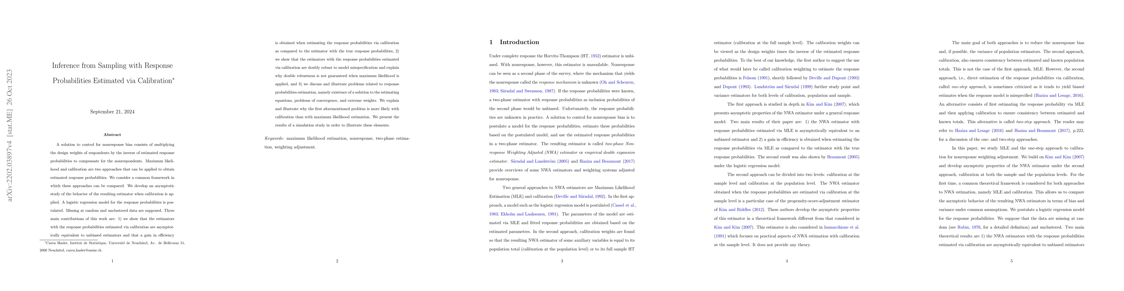 Thumbnail for Inference from Sampling with Response Probabilities Estimated via
  Calibration