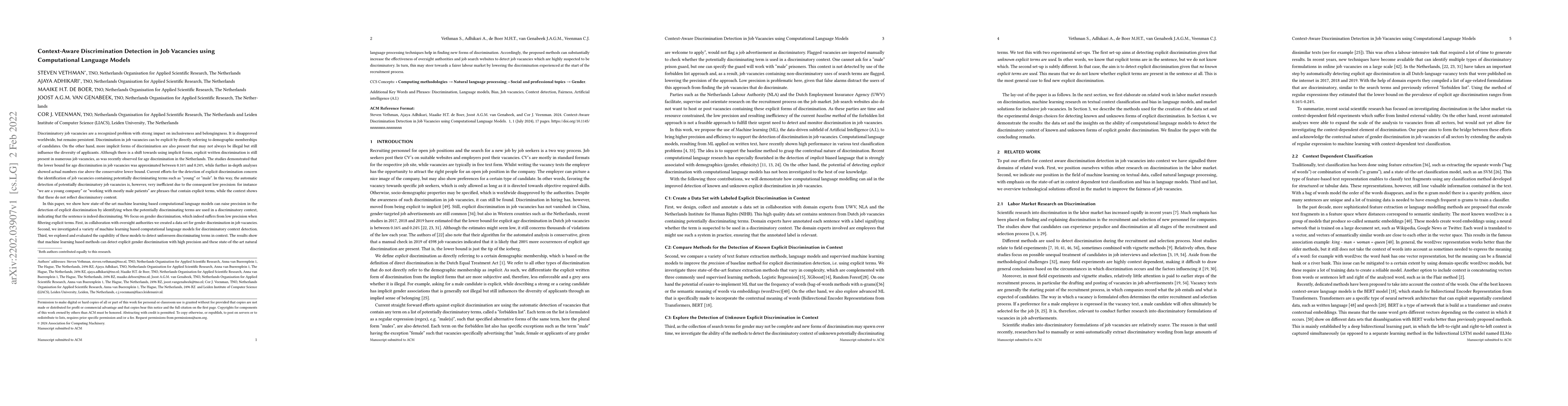 Thumbnail for Context-Aware Discrimination Detection in Job Vacancies using
  Computational Language Models