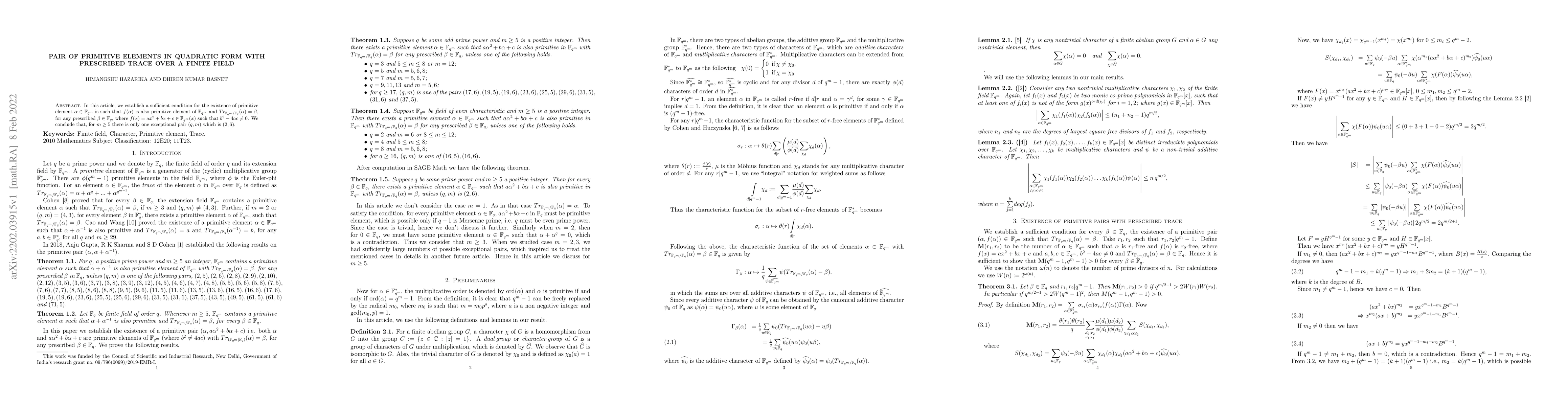 Thumbnail for Pair of primitive elements in quadratic form with prescribed trace over
  a finite field