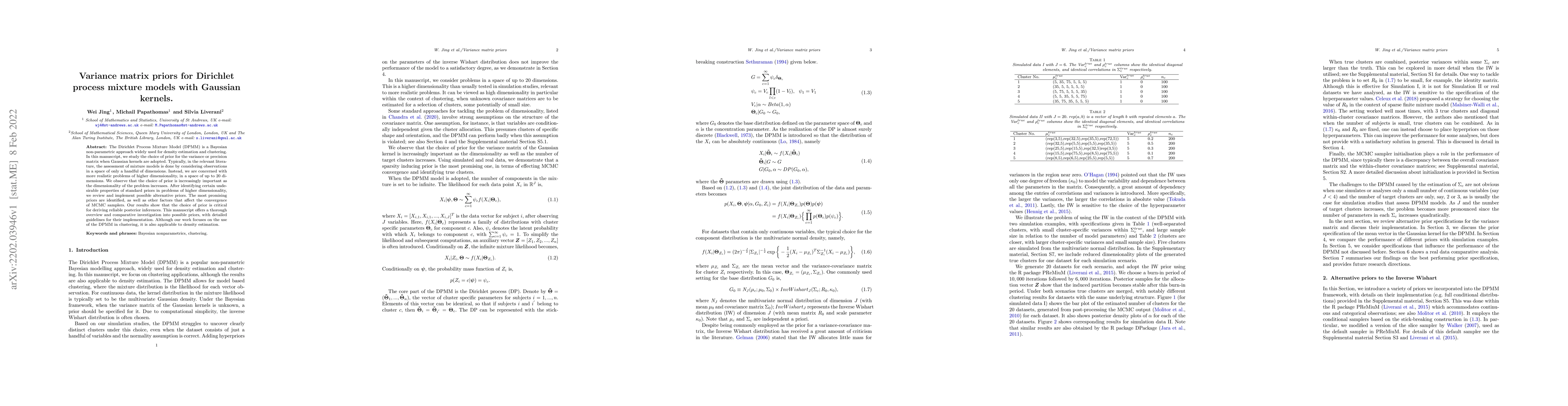 Thumbnail for Variance matrix priors for Dirichlet process mixture models with
  Gaussian kernels