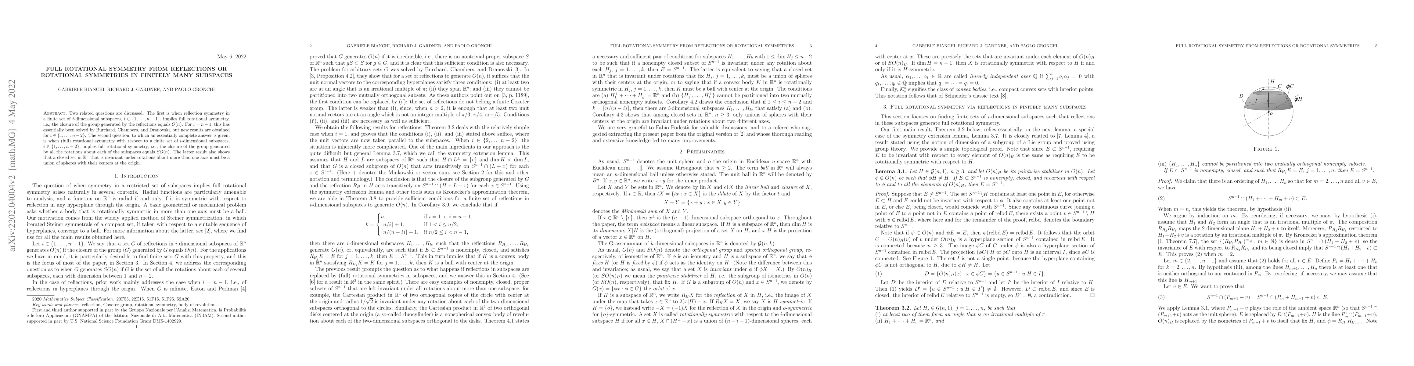 Thumbnail for Full rotational symmetry from reflections or rotational symmetries in
  finitely many subspaces