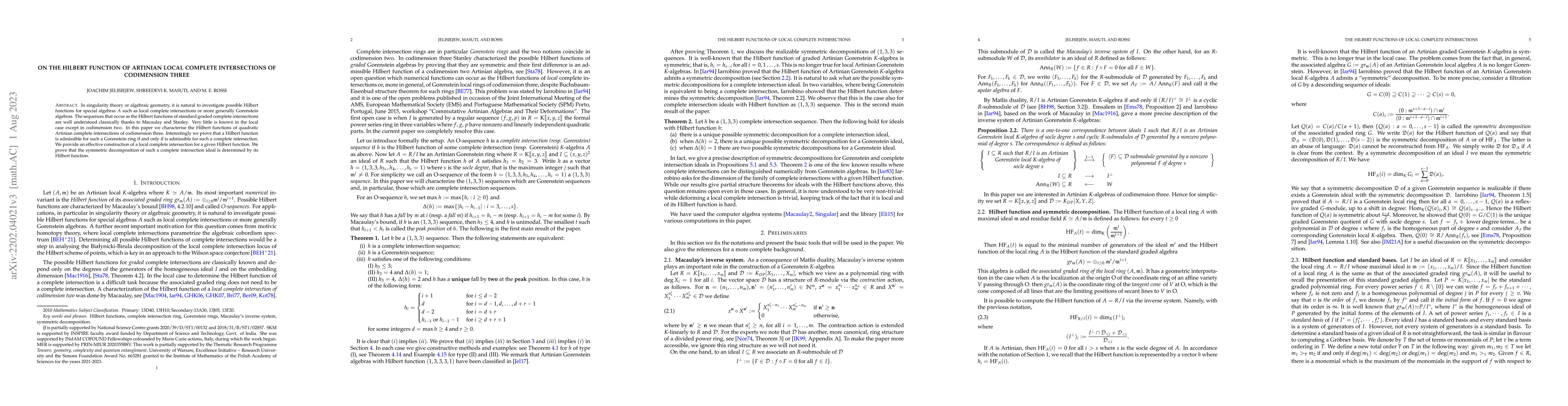 Thumbnail for On the Hilbert function of Artinian local complete intersections of
  codimension three