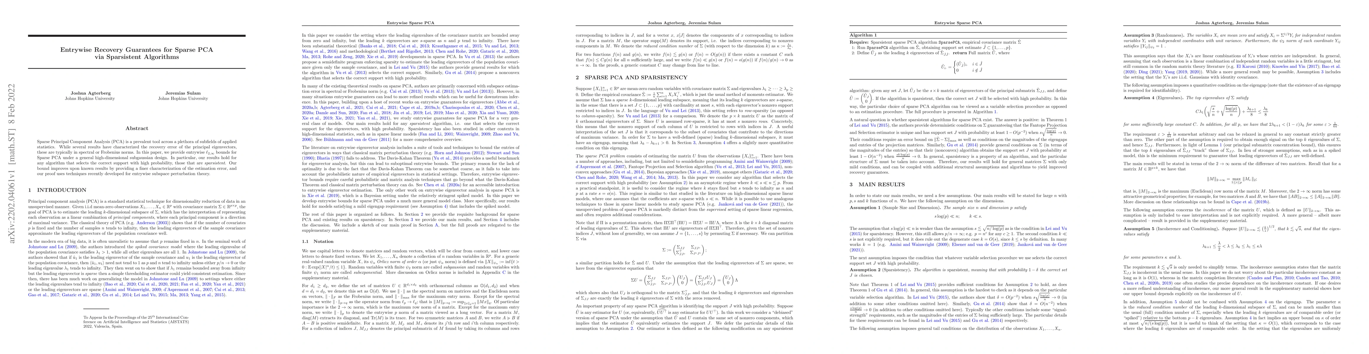 Thumbnail for Entrywise Recovery Guarantees for Sparse PCA via Sparsistent Algorithms