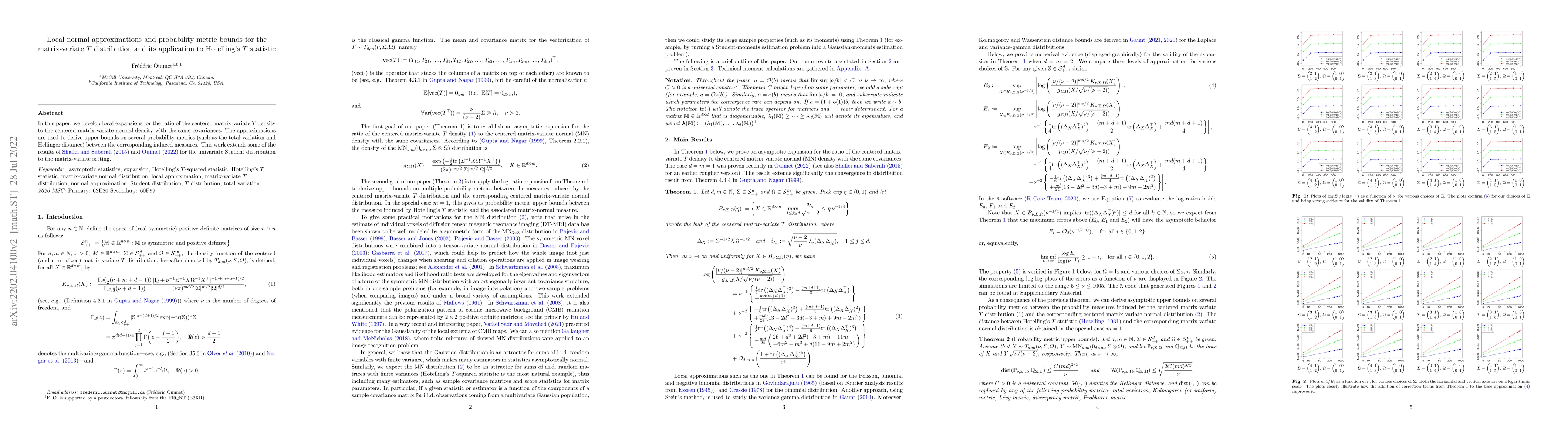 Thumbnail for Local normal approximations and probability metric bounds for the
  matrix-variate $T$ distribution and its application to Hotelling's $T$
  statistic