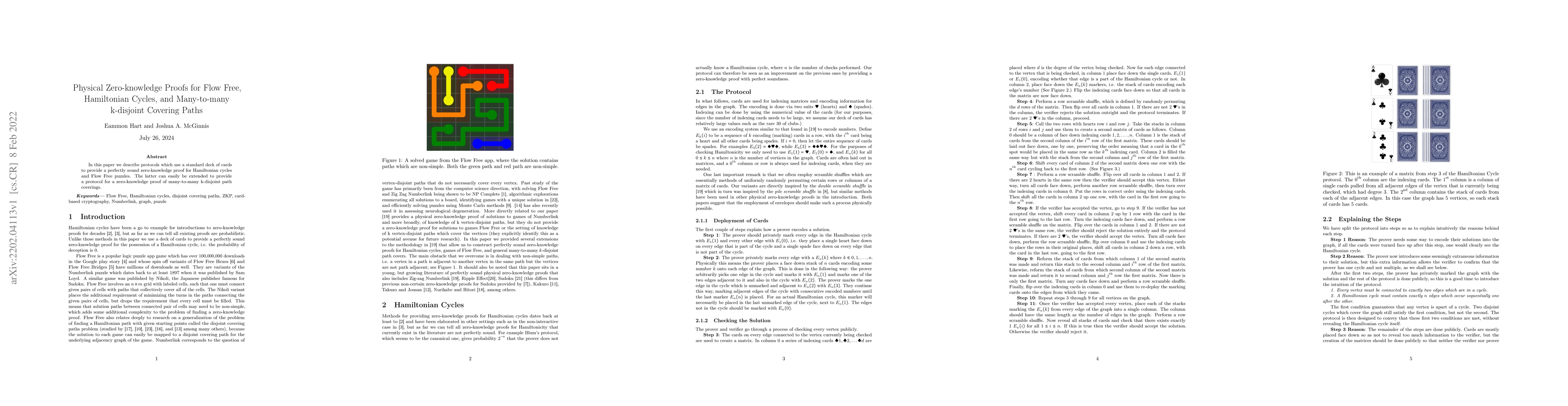 Thumbnail for Physical Zero-knowledge Proofs for Flow Free, Hamiltonian Cycles, and
  Many-to-many k-disjoint Covering Paths