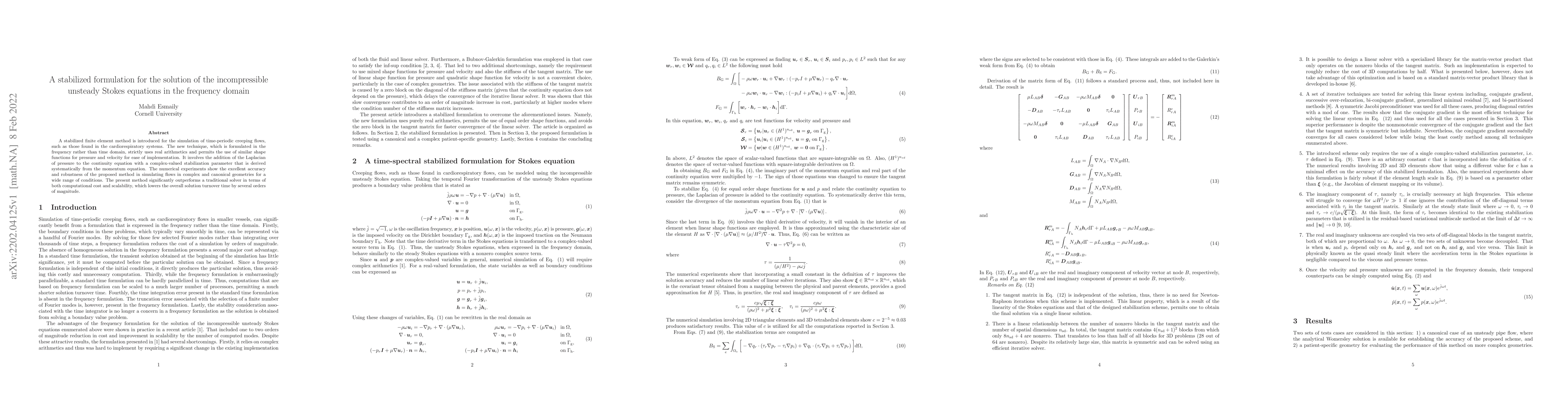 Thumbnail for A stabilized formulation for the solution of the incompressible unsteady
  Stokes equations in the frequency domain